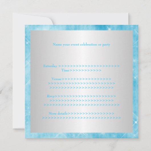 菓子16の青いグリッターの銀の宝石のティアラのパーティー16 招待状 (裏面)