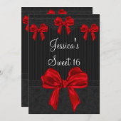 菓子16の黒い灰色の花の赤は誕生日3を曲げます 招待状 (正面/裏面)