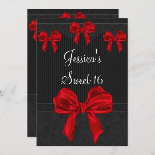 菓子16の黒い灰色の花の赤は誕生日3を曲げます 招待状 (正面/裏面)