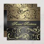 菓子16の黒か金ゴールドの渦巻の誕生日の招待状 招待状 (正面/裏面)