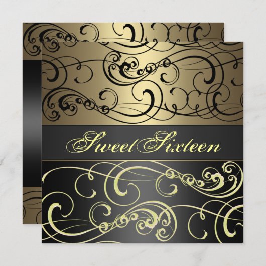 菓子16の黒か金ゴールドの渦巻の誕生日の招待状 招待状 (正面/裏面)