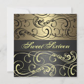 菓子16の黒か金ゴールドの渦巻の誕生日の招待状 招待状 (正面)