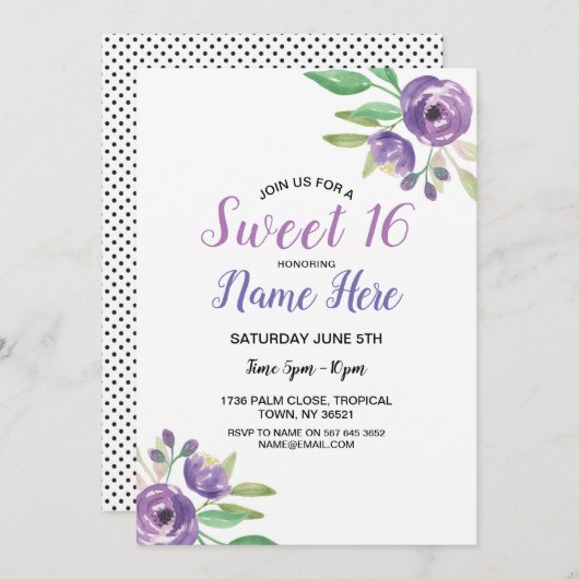 菓子16誕生会の紫色の花の花柄の薄紫 招待状 (正面/裏面)