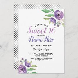 菓子16誕生会の紫色の花の花柄の薄紫 招待状