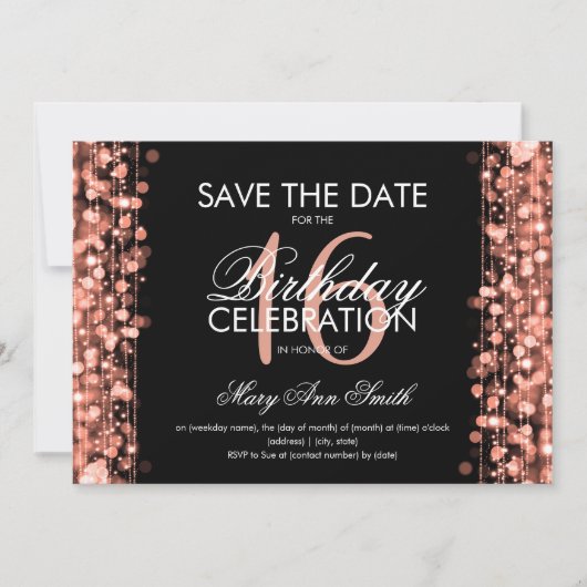 菓子16"保存日付"の輝きのばら色の金ゴールド 招待状 (正面)