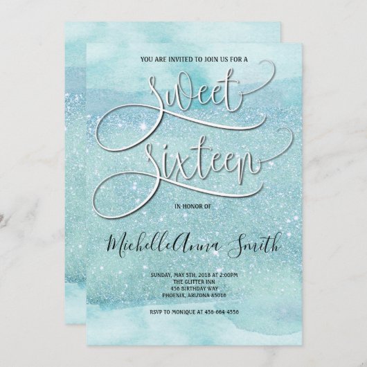 菓子16 16の水彩画のターコイズの招待状 招待状 (正面/裏面)