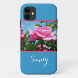 華やかで上品なピンクのバラの花と名前 iPhone 11 ケース