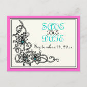 華やかなつる植物ピンクのターコイズ結婚式の日付を保存 案内ポストカード (正面)