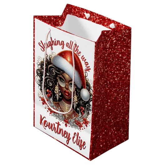 華やかなアフリカ系アメリカ人のクリスマスウーマン ミディアムペーパーバッグ (正面アングル)