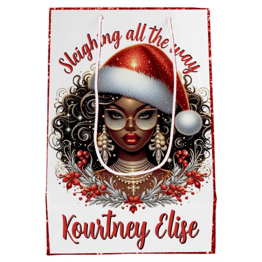 華やかなアフリカ系アメリカ人のクリスマスウーマン ミディアムペーパーバッグ (裏面)