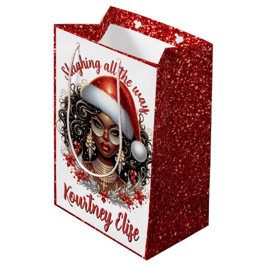 華やかなアフリカ系アメリカ人のクリスマスウーマン ミディアムペーパーバッグ (裏面アングル)