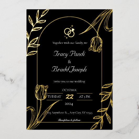 華やかなエレガンス：ブラックと金ゴールド結婚ズ 箔招待状 (正面)