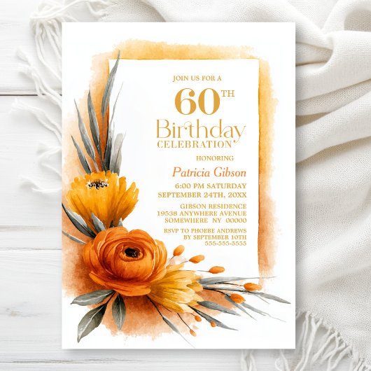 華やかなオレンジの花の60歳の誕生日パーティー 招待状