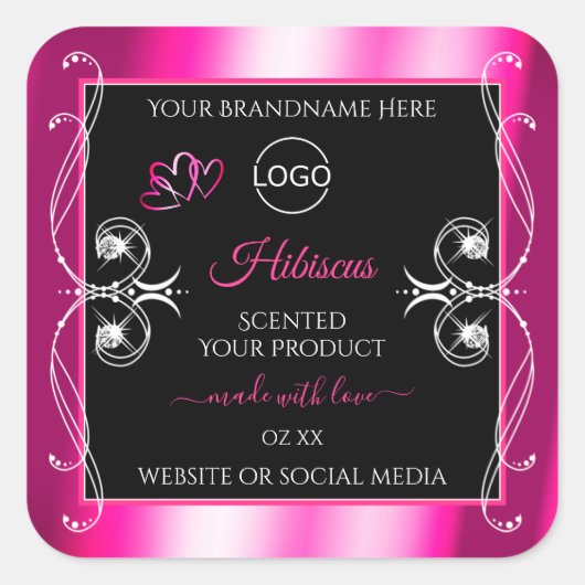 華やかなガーリーピンクの製品ラベル黒とロゴ スクエアシール (正面)