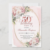華やかなグリーンローズゴールド50歳の誕生日パーティー 招待状 (正面)