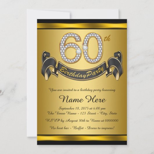 華やかなゴールドの60歳の誕生日パーティー 招待状 (正面)