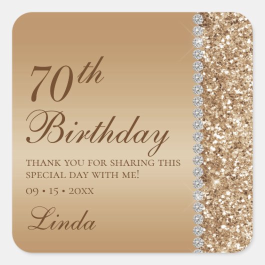 華やかなゴールドの70歳の誕生日 スクエアシール (正面)