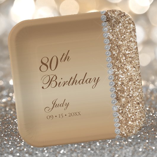 華やかなゴールドの80歳の誕生日 ペーパープレート