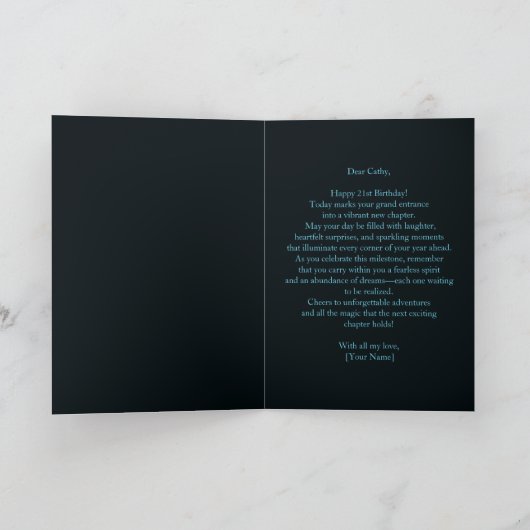 華やかなサファイアブルーとブラック21歳の誕生日 カード (内部)