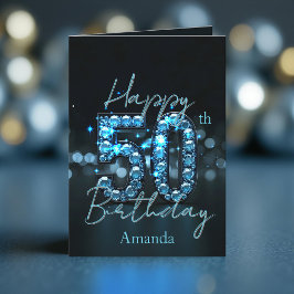華やかなシックなサファイアブルーとブラック50誕生日 カード