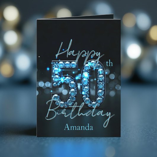 華やかなシックなサファイアブルーとブラック50誕生日 カード