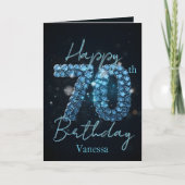 華やかなシックなサファイアブルーとブラック70誕生日 カード (正面)