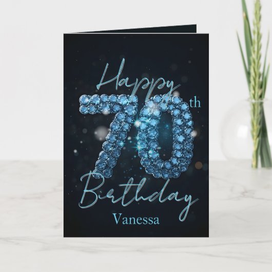 華やかなシックなサファイアブルーとブラック70誕生日 カード (正面)