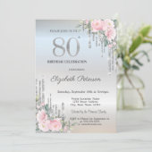 華やかなシルバー グリッター ドリップ ローズ 80歳の誕生日 招待状 (スタンド正面)