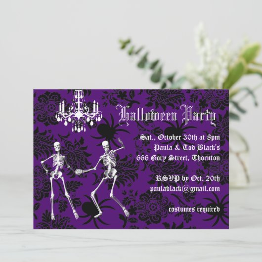 華やかなスケルトンハロウィーンの衣装パーティーパープル 招待状 (スタンド正面)