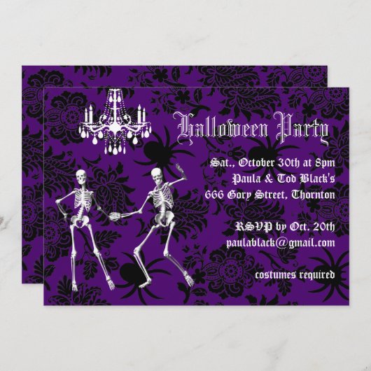 華やかなスケルトンハロウィーンの衣装パーティーパープル 招待状 (正面/裏面)