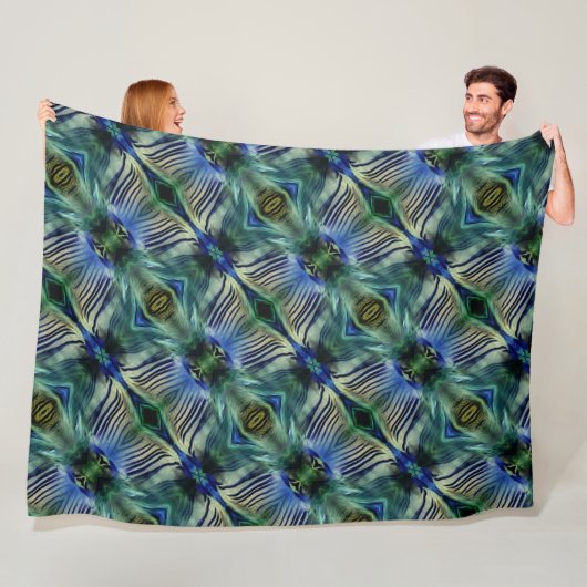 華やかなストライプ緑と青の曲線横の フリースブランケット (インサイチュ)