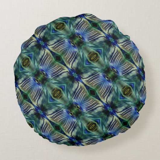 華やかなストライプ緑と青の曲線横の ラウンドクッション (裏面)