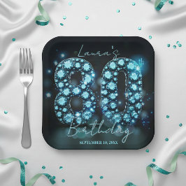 華やかなティールブルーのダイヤモンド 80歳の誕生日パーティー ペーパープレート