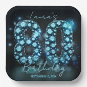 華やかなティールブルーのダイヤモンド 80歳の誕生日パーティー ペーパープレート (正面)