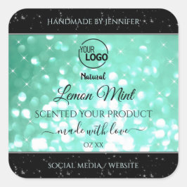 華やかなティール（緑がかった色）スパークルグリッターロゴ製品ラベル スクエアシール