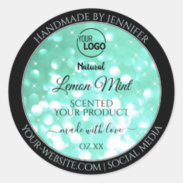 華やかなティール（緑がかった色）スパークルグリッターロゴ製品ラベル ラウンドシール
