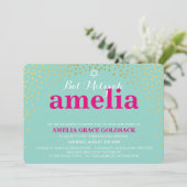 華やかなバルミツワー素朴な金ゴールド紙吹雪ミント 招待状 (スタンド正面)