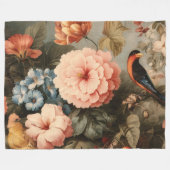 華やかなビンテージの花と鳥のシーン フリースブランケット (正面(横))