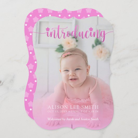 華やかなピンクと星の誕生発表カード 案内状 (正面/裏面)