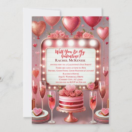 華やかなピンクと赤のお祝いガレンティンの日 招待状 (正面)
