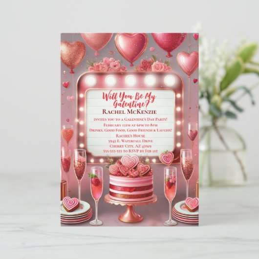 華やかなピンクと赤のお祝いガレンティンの日 招待状 (スタンド正面)