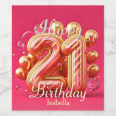 華やかなピンクと金ゴールドストライプの21歳の誕生日 ワインラベル (シングルラベル)