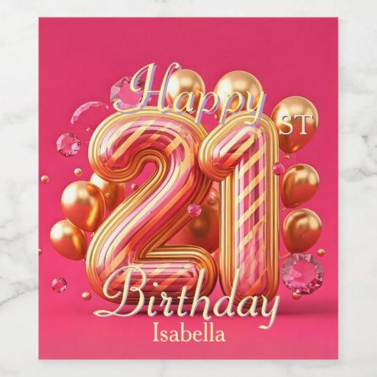 華やかなピンクと金ゴールドストライプの21歳の誕生日 ワインラベル (シングルラベル)