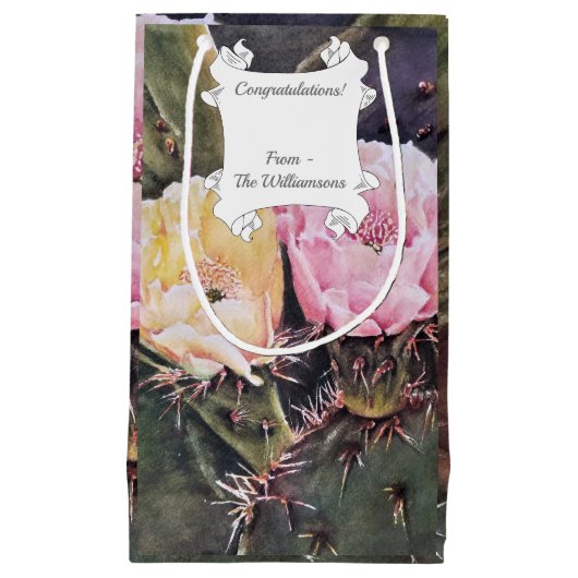 華やかなピンクと黄色のサボテンの花 スモールペーパーバッグ (正面)