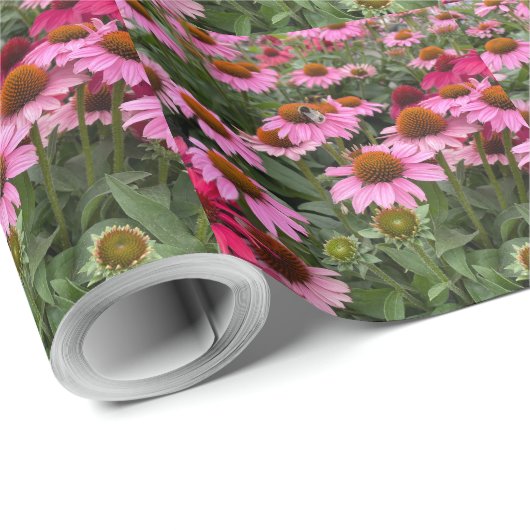 華やかなピンクのエキナセアの花とミツバチ ラッピングペーパー (ロールコーナー)