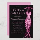華やかなピンクのスパークルドレス40th誕生日パーティー 招待状 (正面/裏面)