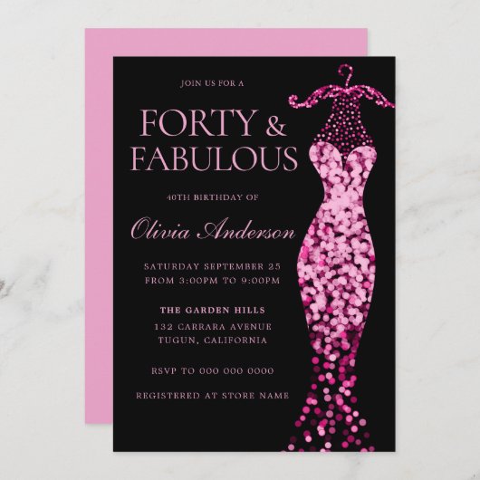 華やかなピンクのスパークルドレス40th誕生日パーティー 招待状 (正面/裏面)