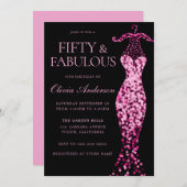 華やかなピンクのスパークルドレス50th誕生日パーティー 招待状 (正面/裏面)