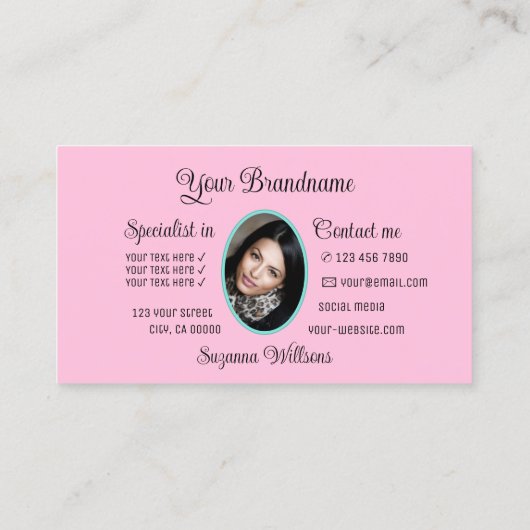 華やかなピンクのハートと写真かわいいライトティール(緑がかった色) 名刺 (裏面)