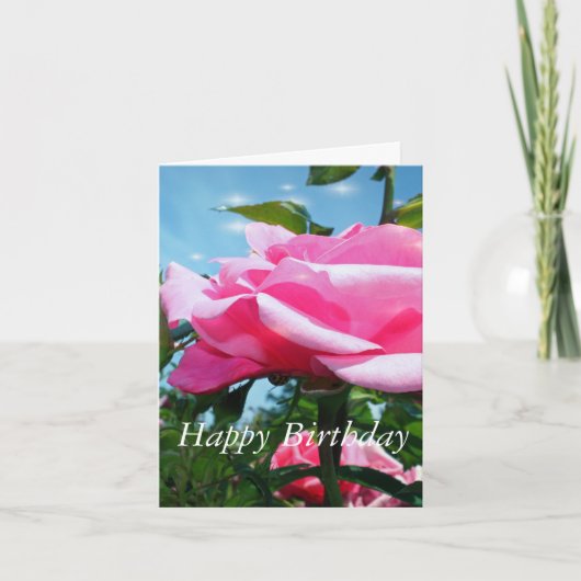 華やかなピンクのバラの花と青葉色の緑の花 カード (正面)